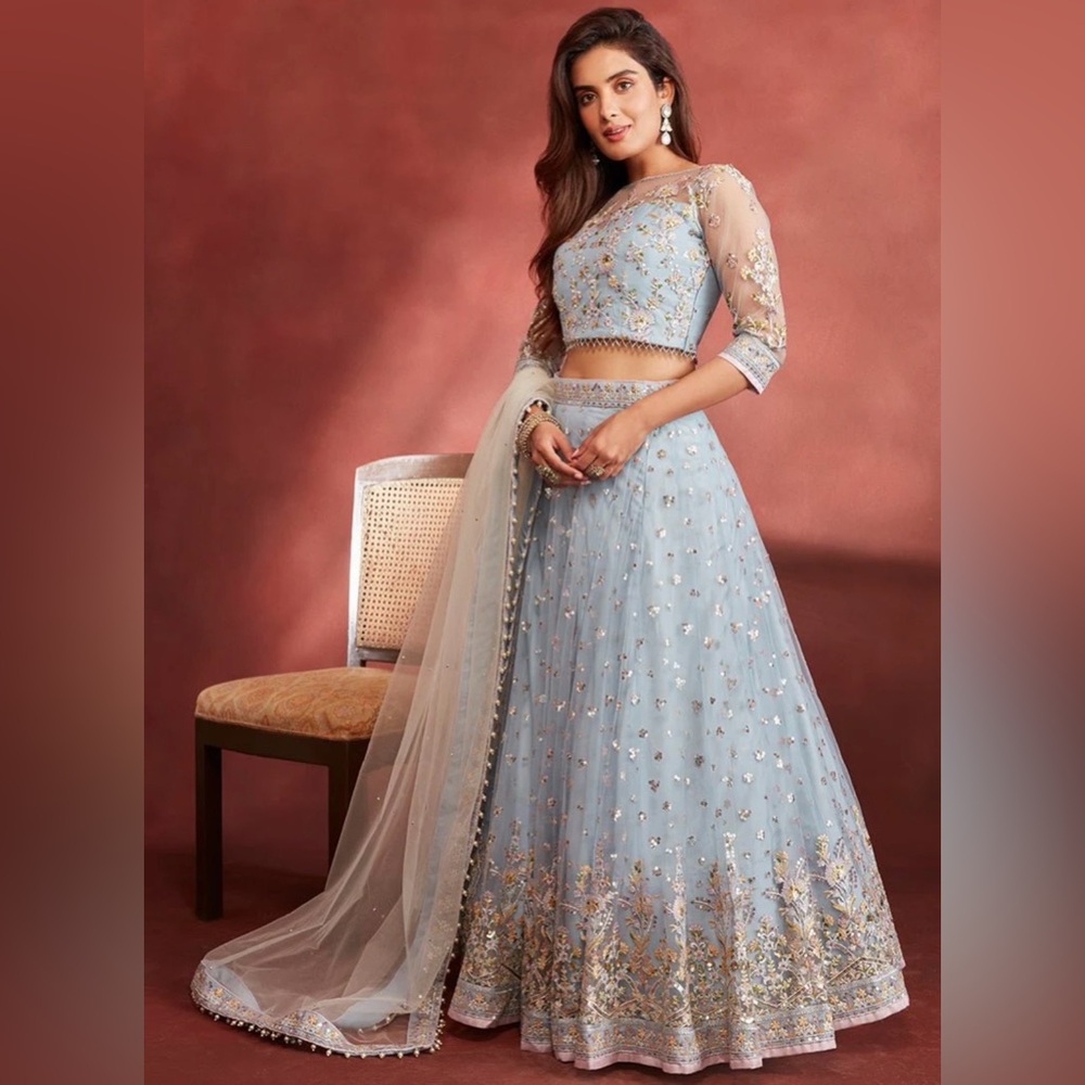 NWT Dusty Blue Embroidered Net Lehenga Set